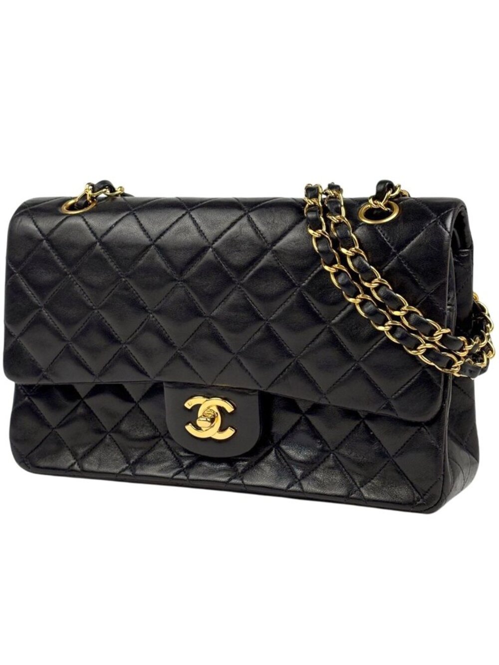 Chanel Quilted Double Flap Chain Shoulder Bag CC Logo Leather Black